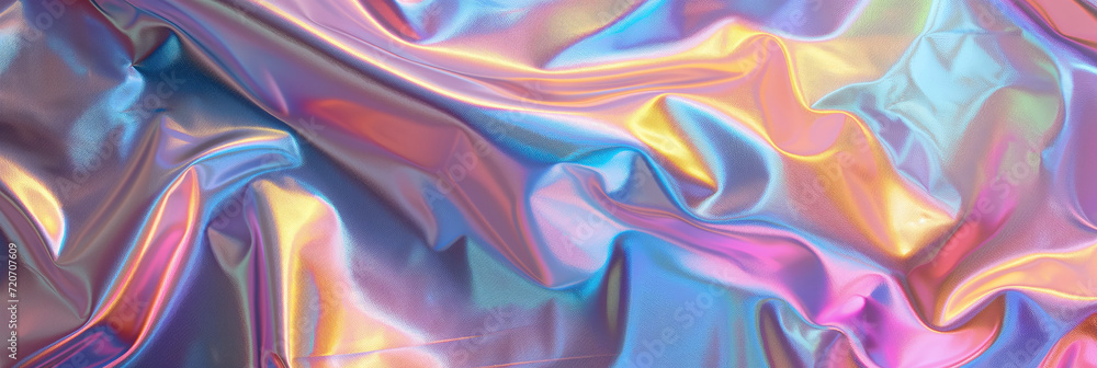 Panorama image of colorful holographic fabric with a liquid-like reflective surface.