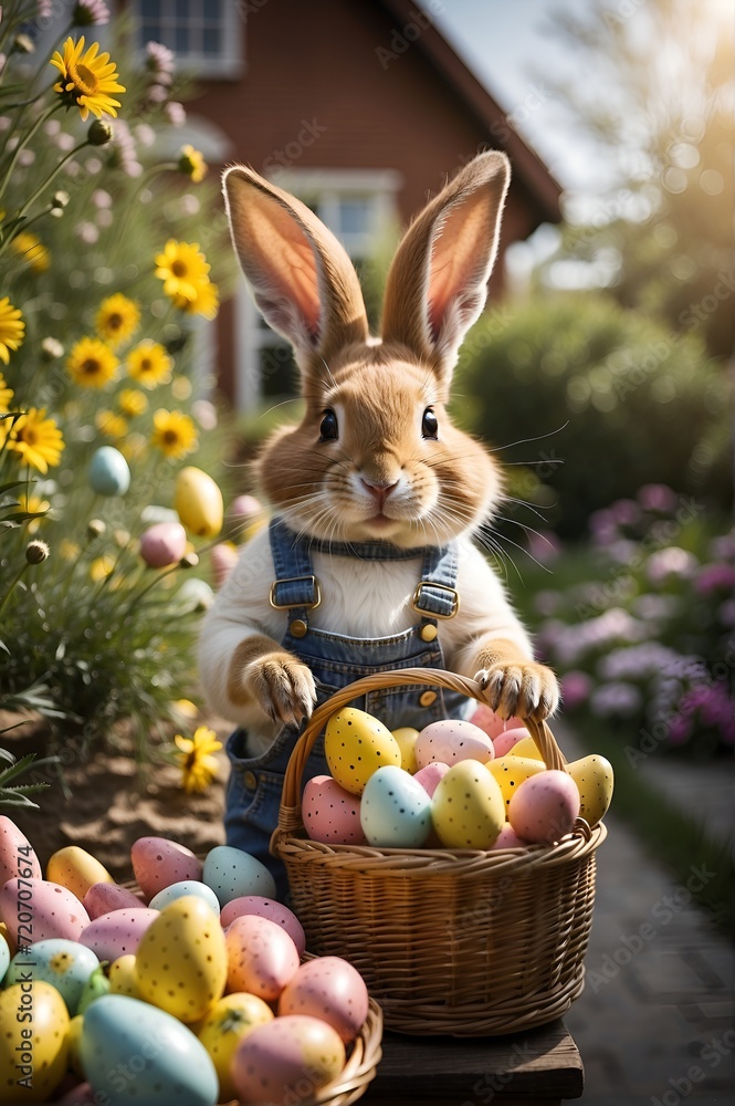 A picture of a large Easter bunny carrying a basket filled with eggs outside A picture of a large Easter bunny carrying a basket filled with eggs outside