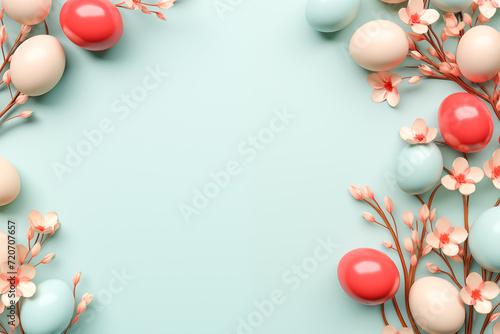 Easter frame backgrouns with copy space for text. Decorated with colorful eggs and spring flowers.3D render-style inspiration. Easter template, mockup photo