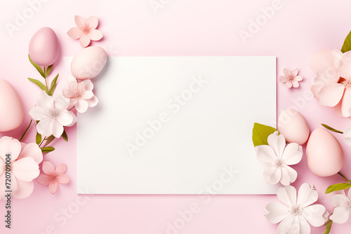 Easter frame backgrouns with copy space for text. Decorated with colorful eggs and spring flowers.3D render-style inspiration. Easter template, mockup