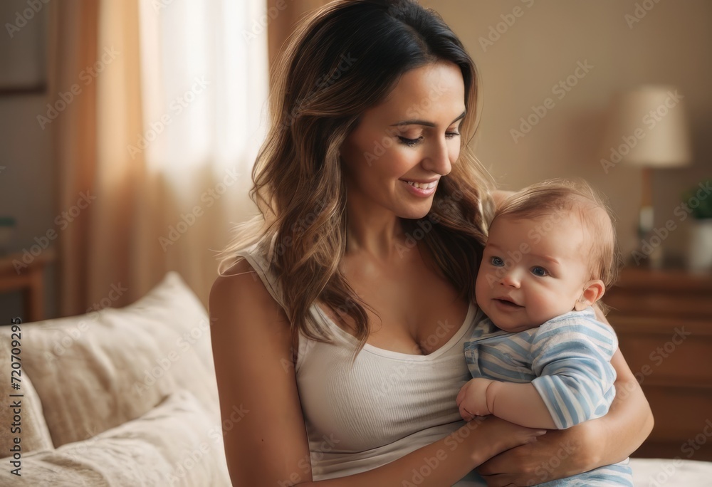 Loving mom carying of her newborn baby at home. Bright portrait of happy mum holding sleeping infant child on hands. Mother hugging her little 2 months old son. Loving mom carying of her newborn baby at home. Bright portrait of happy mum holding sleeping infant child on hands. Mother hugging her little 2 months old son.