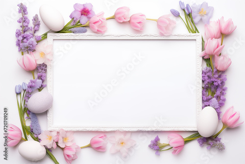 Easter frame backgrouns with copy space for text. Decorated with colorful eggs and spring flowers.3D render-style inspiration. Easter template, mockup © Anastasiia