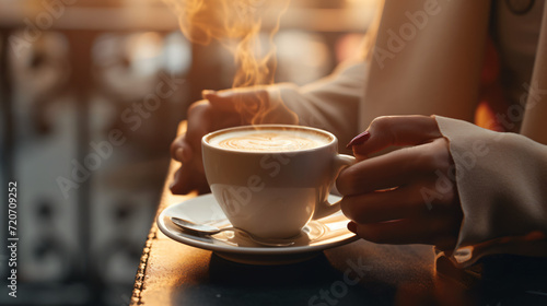  Hot espresso in woman hand in the morning