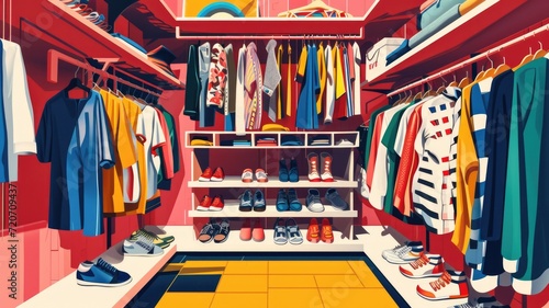 Racks with clothes and shoes that repeat the sustainable fashion, iconic styles of the 80s and 90s, use for the image of a secondhand or thrift store photo