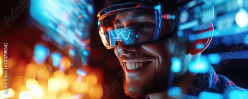 E-commerce startup concept. Smiling young businessman with a futuristic AI headset, holographic screens displaying around