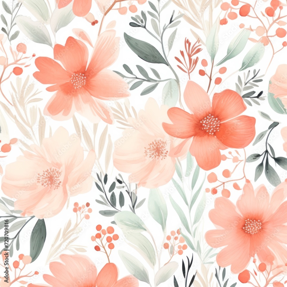 Coral watercolor botanical digital paper floral background in soft basic pastel tones