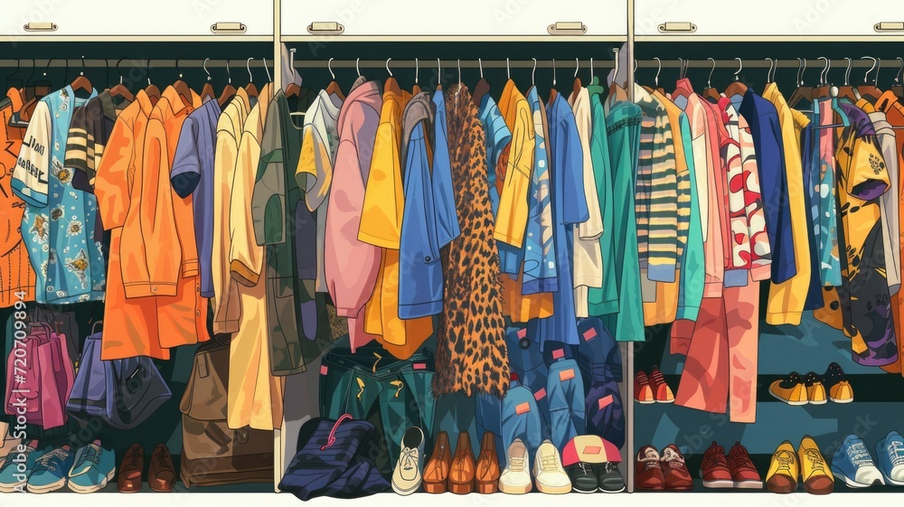 Racks with clothes and shoes that repeat the sustainable fashion ...