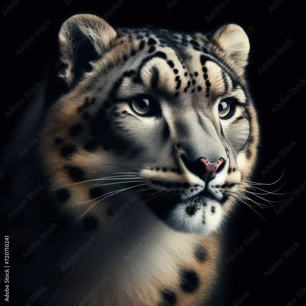 Snow Leopard, big cat, panthera uncia, Leopardo de las nieves, Снежный барс, Ирбис, Irbis, high quality portrait, isolated black background.