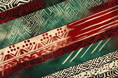 Crimson, ivory, and jade seamless African pattern, tribal motifs grunge texture on textile background