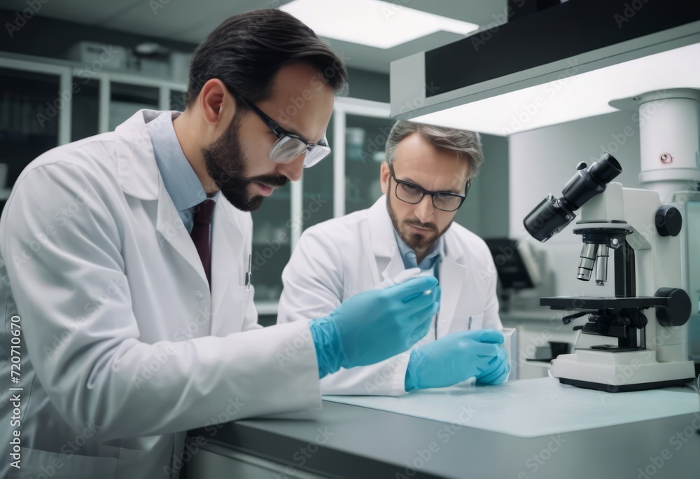 Side view of crop anonymous male medic in uniform and mask using microscope while working in lab near woman colleague Side view of crop anonymous male medic in uniform and mask using microscope while working in lab near woman colleague