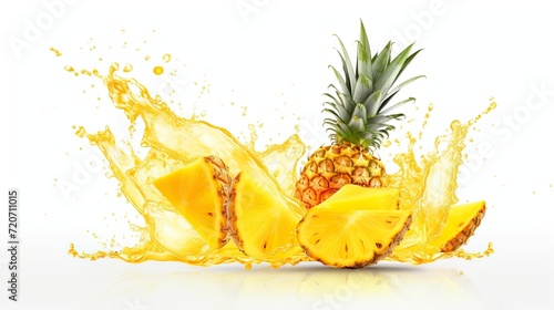 pineapple slices with pineapple juice splash isolated on transparent background
