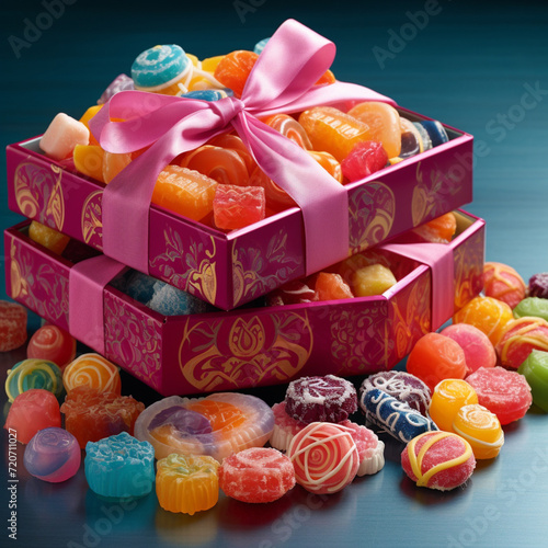 A colorful cute box with delicious candies. A wonderful gift that will bring a smile and tenderness