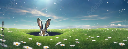 Rabbit emerging from a burrow in a field of daisies under a sunny sky. Easter bunny background. Panorama with copy space. photo