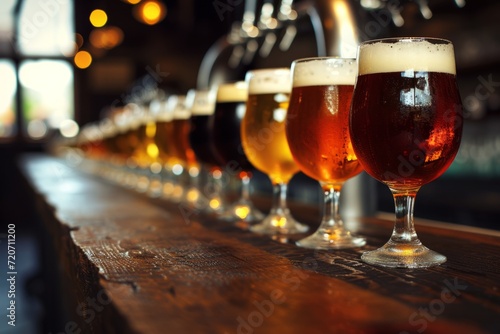 a line of beer glasses laying in front of a wooden counter in an Irish bar Generative AI
