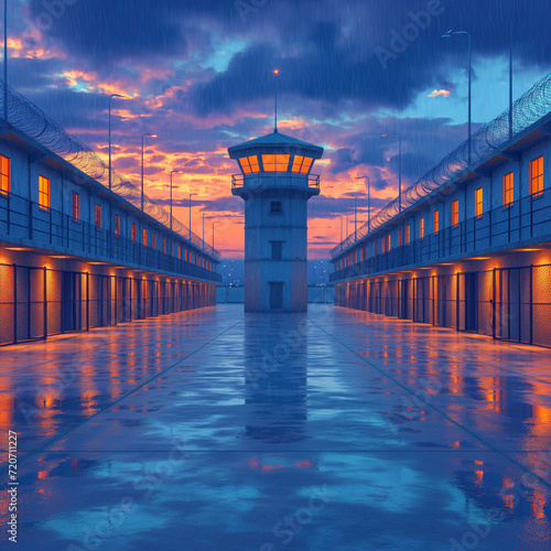 criminal justice issues: prison yard and guard tower photo