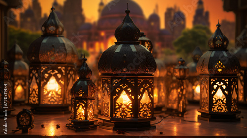 Greetings of Eid Mubarak and Ramadan Kareem accompanied by an Islamic lantern and mosque. Generative AI
