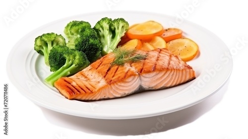 Salmon meat and broccoli on a white plate