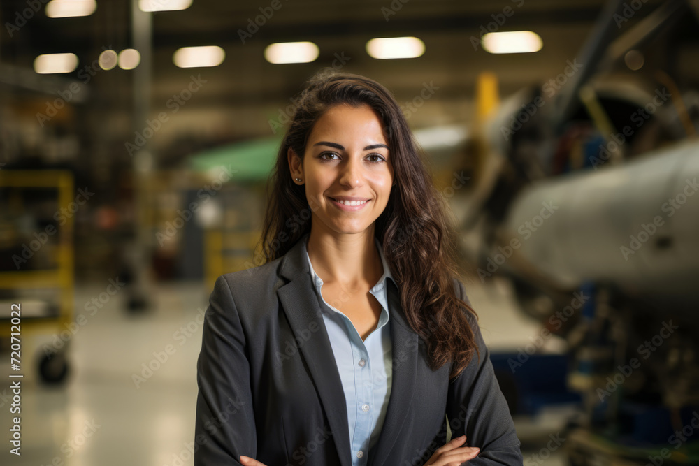 A determined female Aerospace Engineer amidst her workspace, surrounded by blueprints and aircraft models A determined female Aerospace Engineer amidst her workspace, surrounded by blueprints and aircraft models
