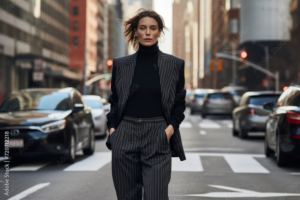 A stylish woman in pinstripe trousers and a turtleneck, making her way through a busy urban setting