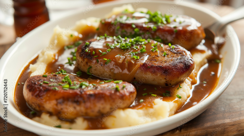 Shallow depth of field (selective focus) image with british bangers and mash dish. Generative AI.