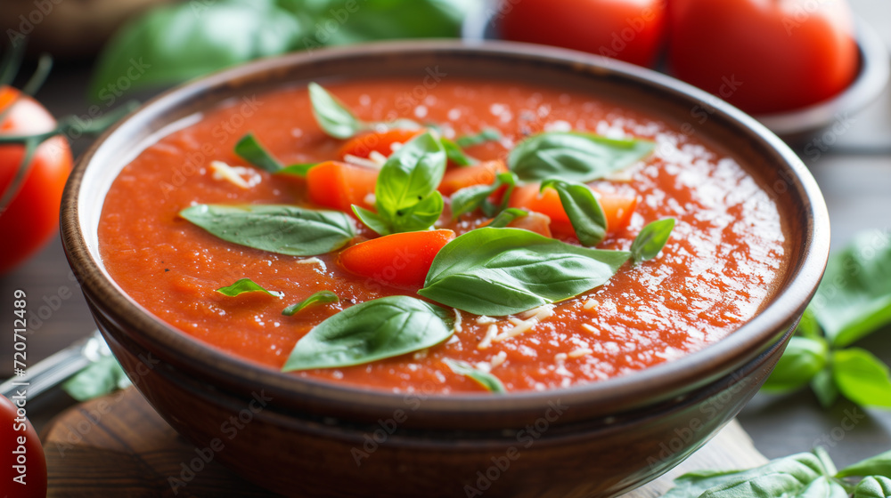 Shallow depth of field (selective focus) image with Spanish gazpacho dish. Generative AI. Shallow depth of field (selective focus) image with Spanish gazpacho dish. Generative AI.
