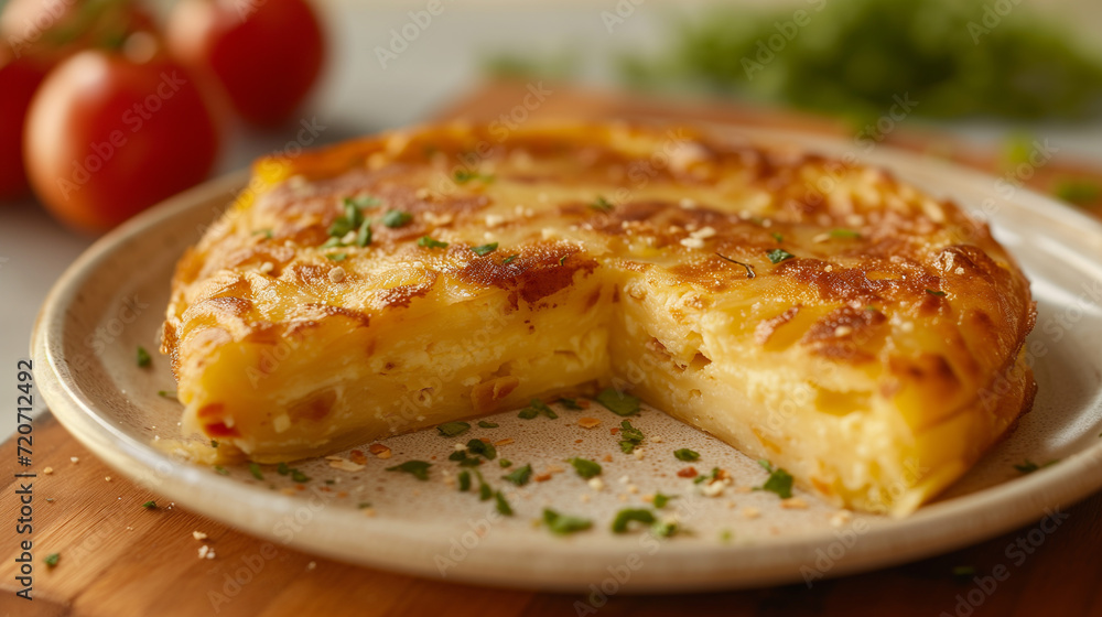 Shallow depth of field (selective focus) image with Spanish tortilla espanola dish. Generative AI. Shallow depth of field (selective focus) image with Spanish tortilla espanola dish. Generative AI.