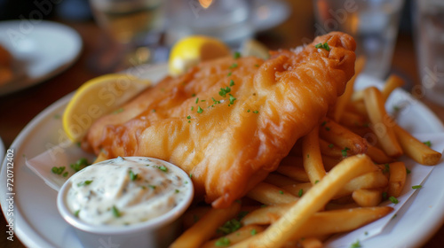 Shallow depth of field (selective focus) image with British fish and chips dish. Generative AI.