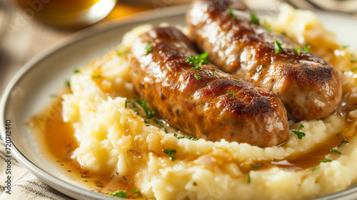 Shallow depth of field (selective focus) image with british bangers and mash dish. Generative AI.