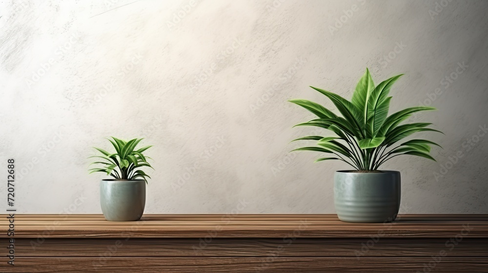 Fototapeta premium an empty desktop with ample free space, adorned with a lush green plant, and featuring a spring window flooding the area with natural light.