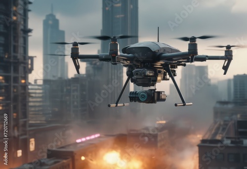 Autonomous driverless aerial vehicle flying on city background, Future transportation with 5G technology concept