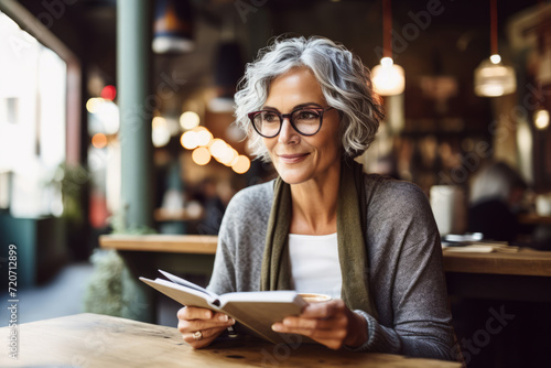 A stylish middle-aged woman with a bob cut, engrossed in a book over a cup of coffee in a quaint cafe
