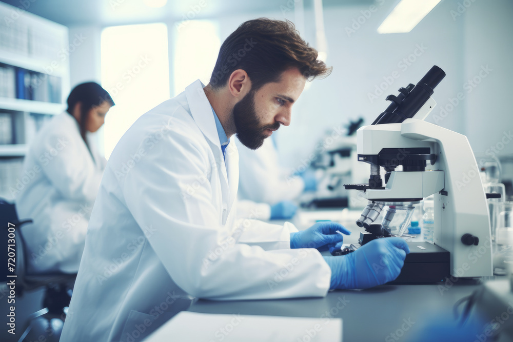 A female dermatologist in her contemporary office, deeply engrossed in studying a skin sample under a microscope A female dermatologist in her contemporary office, deeply engrossed in studying a skin sample under a microscope
