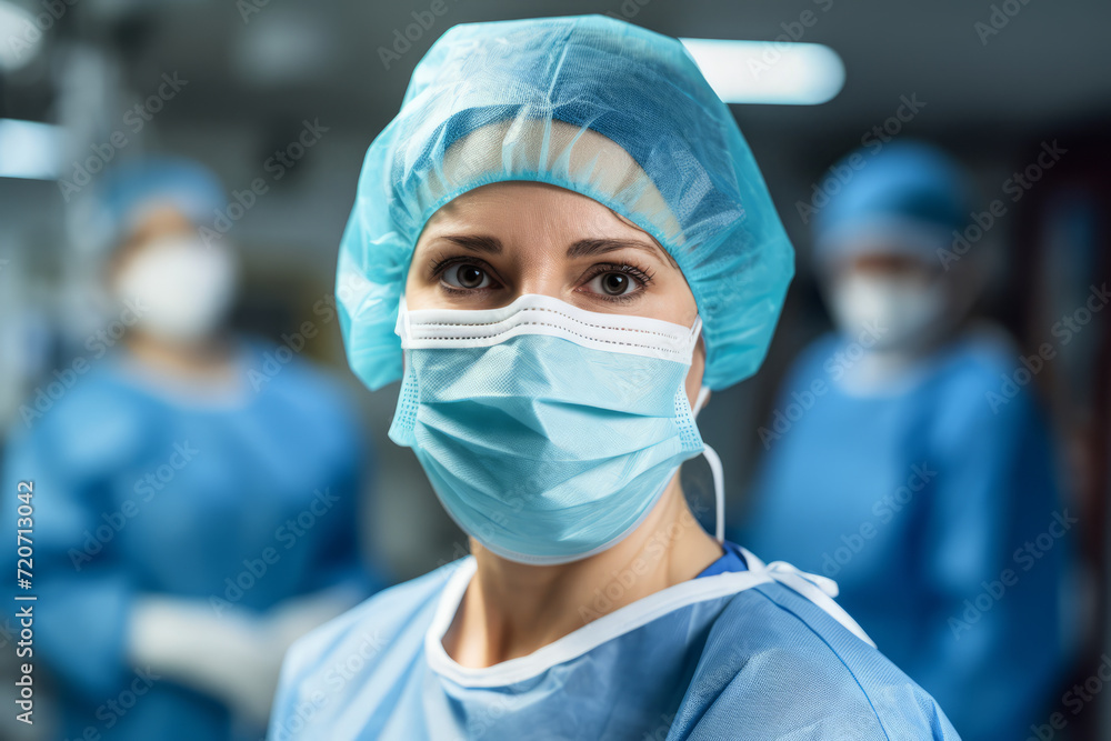 Portrait of a professional female anesthesiologist in a state-of-the-art operating room, prepared for surgery Portrait of a professional female anesthesiologist in a state-of-the-art operating room, prepared for surgery