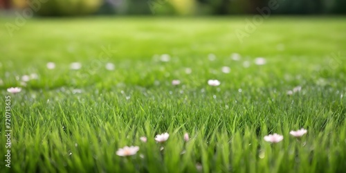 A green, well-groomed lawn on the site of a private house against the backdrop of a blooming garden. Spacious green lawn for placing goods with space for copying. 