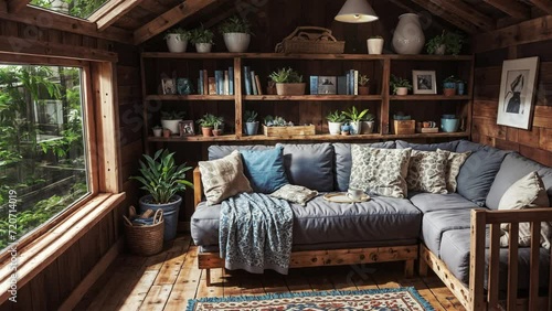 Background video. rustic reading nook (a cozy place in the corner of the house), rain outside the window.  photo