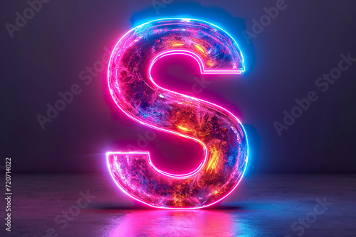 Letter S - colorful glowing outline alphabet symbol on blue lens flare dark background © Poulami