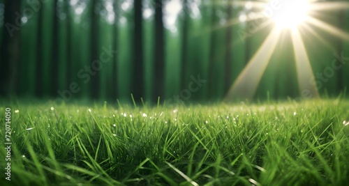 Green lawn against the background of a forest. A neat lawn with a background of blurred trees.