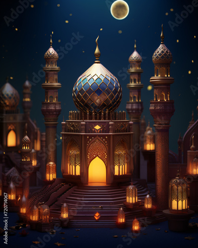Illustration of an Islamic Background in 3D, Featuring a Mosque and Traditional Lanterns. Generative AI