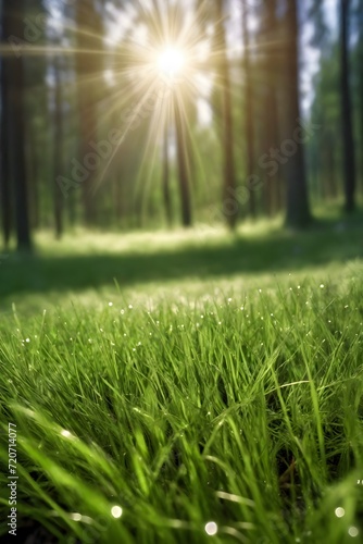 Green lawn against the background of a forest. A neat lawn with a background of blurred trees.