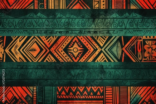 Emerald, coral, and olive seamless African pattern, tribal motifs grunge texture on textile background