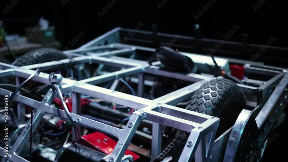 Wheels with motors on chains in metal frame of robot close-up. Wheels with motors on chains in metal frame of robot close-up.