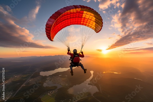 Skydiving Serenity Solo Descend Amidst Colorful Canopy Over Picturesque Countryside