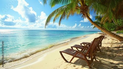 Wooden deck chairs on tropical beach
