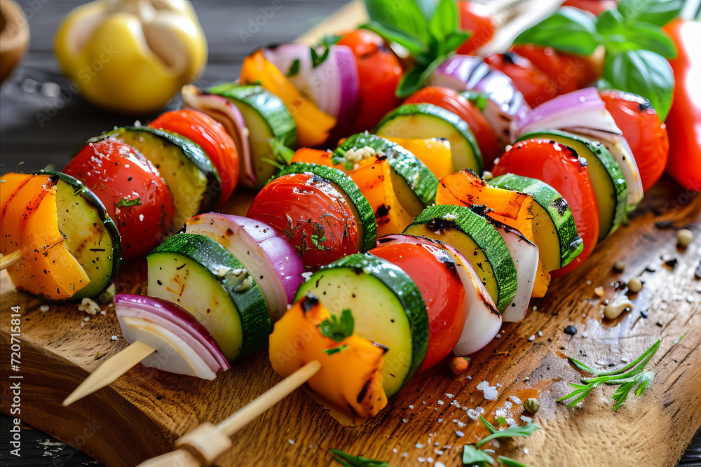 Vegetarian mixed vegetable skewers ready for a summer meal