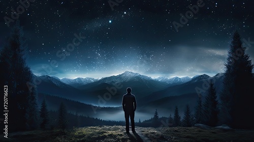 a blue-dark night sky adorned with countless stars  featuring the majestic Milky Way cosmos in the background  the awe-inspiring vastness of the universe and the serenity of the nocturnal landscape.