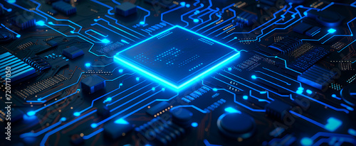 a circuit board with blue lights, in the style of octane render, iconic, henri le fauconnier, sharp and angular, photorealistic rendering.