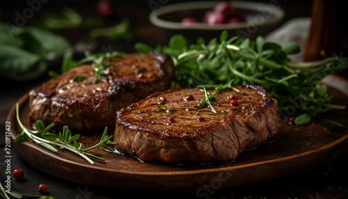 Grilled beef fillet, fresh gourmet meal on rustic plate generated by AI