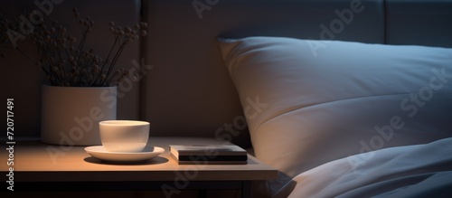 Bedside table with white mug against the bed at night time. photo