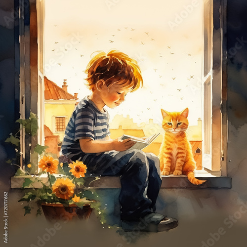Two red-haired friends - a boy and a cat - reading a book while sitting on the windowsill near an open window. Watercolor storybook illustration.