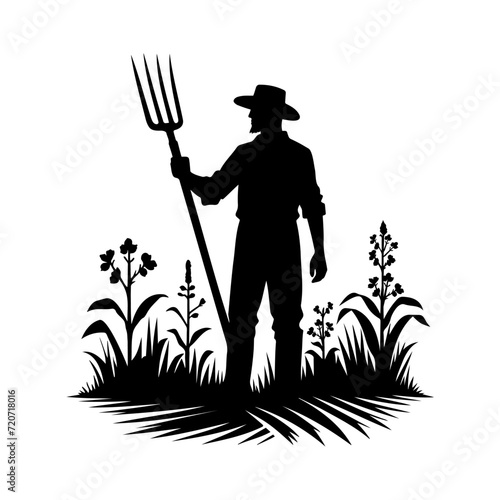 Farmer with a fork silhouette. Vector illustration